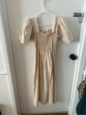 Lisa Says Gah Cream Smocked Puff Sleeve Midi Dress